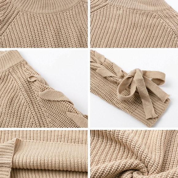 Lace Up Sleeve Knit Tan Sweater - Picture 8 of 8